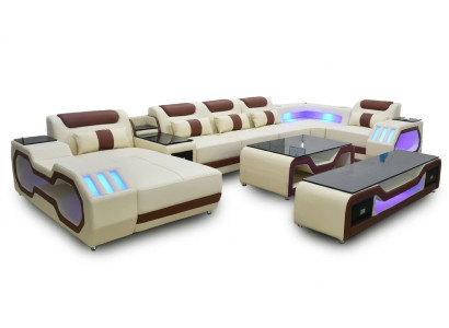 Set soggiorno divano ad angolo a U beige tavolino porta TV imbottito illuminato