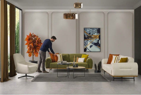 Set soggiorno design di 2 pezzi. Mobili di lusso colore beige moderni novità.