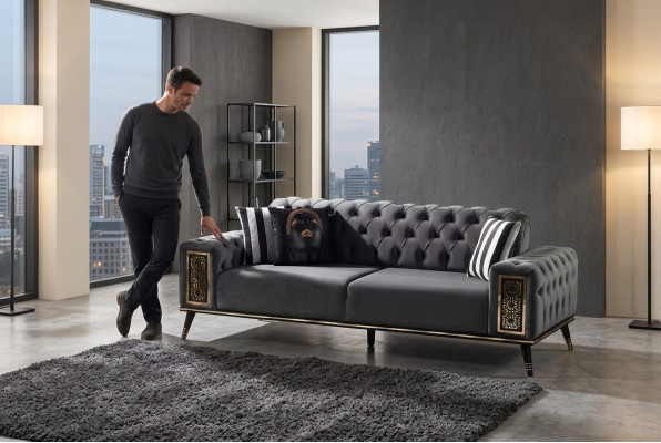 Chesterfield nero-oro divano a tre posti salotto lusso a tre posti.