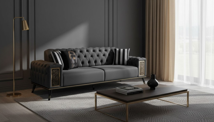 Chesterfield nero-oro divano a tre posti salotto lusso a tre posti.