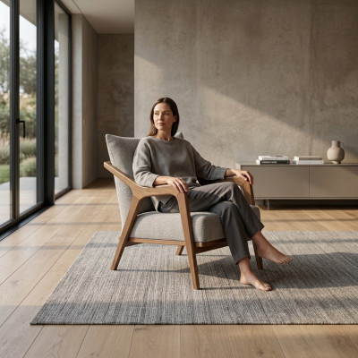 Poltrona design moderno per il soggiorno, colore grigio chiaro, stile lussuoso.