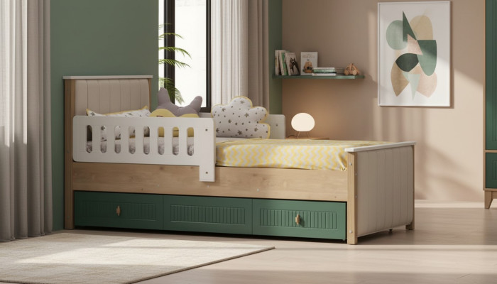 Elegante lettino per bambini 200 cm Letto per ragazzi in legno Camera da letto per bambini in stoffa Moderno