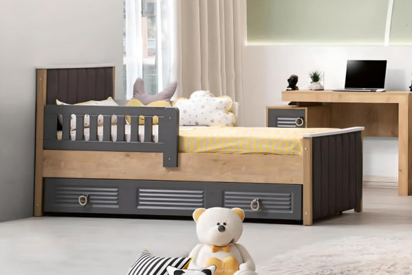 Set completo di mobili per bambini, letto per bambini in legno, 4 pezzi in camera da letto per bambini grigia.