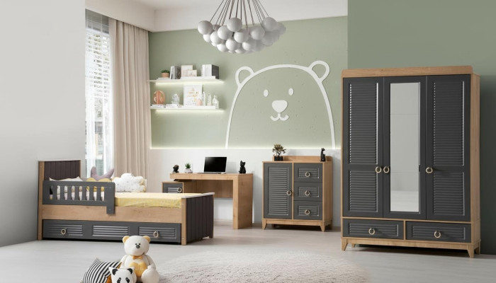 Set completo di mobili per bambini, letto per bambini in legno, 4 pezzi in camera da letto per bambini grigia.