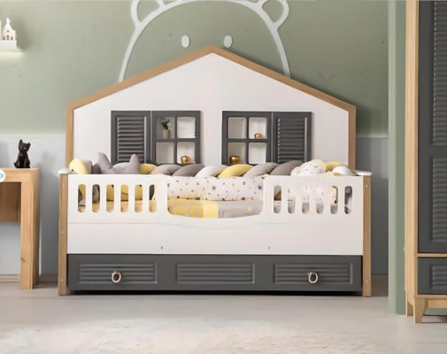 lusso Completo di mobili per bambini Letto in legno Set 4 pezzi Camera da letto per bambini Grigio