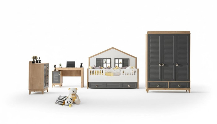 lusso Completo di mobili per bambini Letto in legno Set 4 pezzi Camera da letto per bambini Grigio
