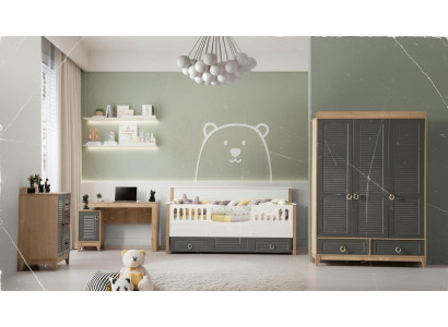 Lussuoso set di mobili per bambini per cameretta, letto per bambini grigio in legno, set di 4 pezzi