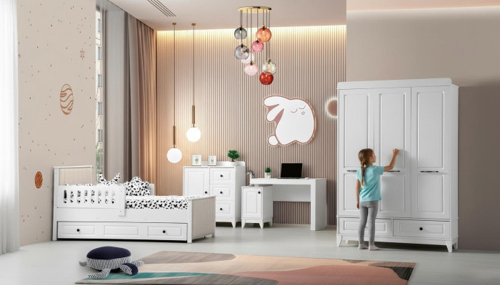 Camera da letto moderna per ragazzi, set di lusso per la camera dei bambini completo, 4 pezzi, colore bianco, nuovo.