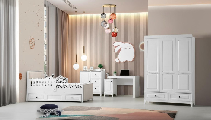 Camera da letto moderna per ragazzi, set di lusso per la camera dei bambini completo, 4 pezzi, colore bianco, nuovo.