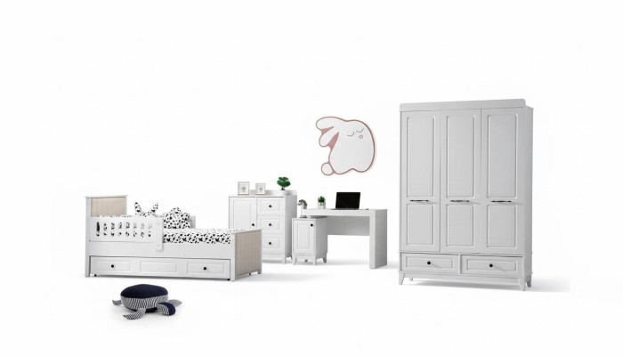 Camera da letto moderna per ragazzi, set di lusso per la camera dei bambini completo, 4 pezzi, colore bianco, nuovo.