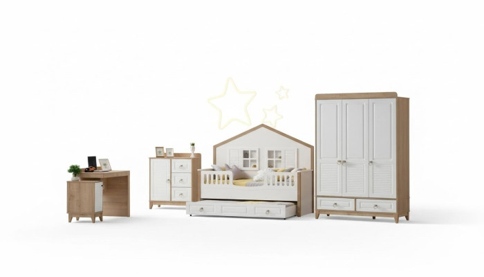 Set camera da letto per bambini moderna Letto Armadio Scrivania Luminosa 4 pezzi Nuovo