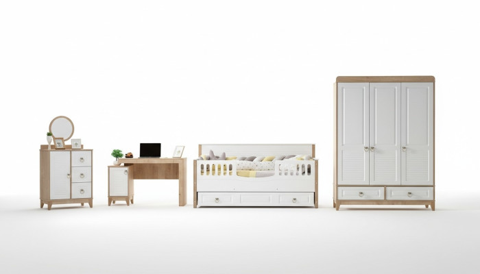 Set camera da letto per bambini letto armadio comò scrivania bianco 4 pezzi