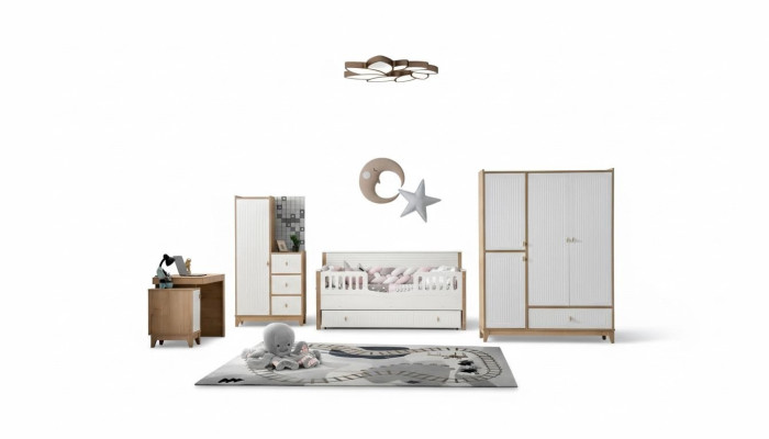 Set camera da letto per bambini elegante: letto, 2 armadi, scrivania bianca 5 pezzi.