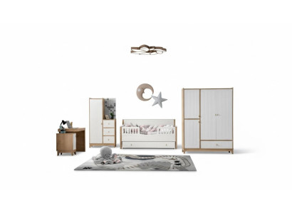 Set camera da letto per bambini elegante: letto, 2 armadi, scrivania bianca 5 pezzi.