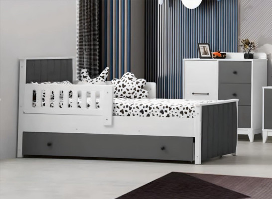 Set di camera per bambini moderno composto da letto armadio comò tavolo 4 pezzi.