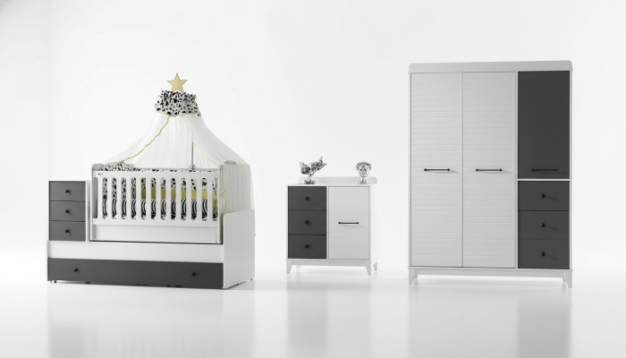 Set per la camera dei bambini moderna composto da lettino, armadio, cassettiera, 3 pezzi, nuovo.
