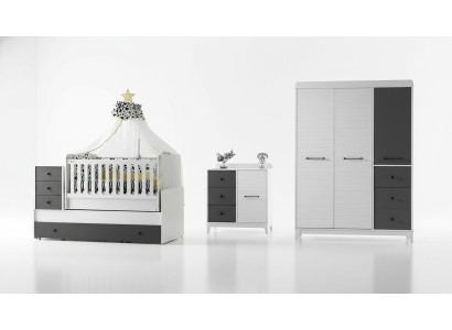 Set per la camera dei bambini moderna composto da lettino, armadio, cassettiera, 3 pezzi, nuovo.