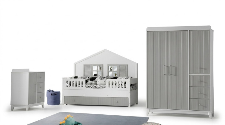 Set camera da letto per bambini di 3 pezzi: cassettiera, armadio, letto chiaro