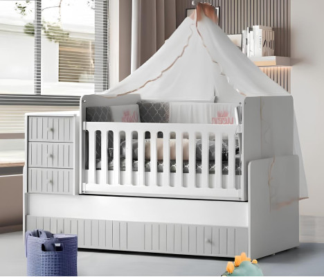 Set completo per la camera dei bambini: cassettiera, armadio, lettino colore grigio.
