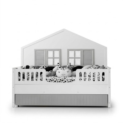 Letto per bambini moderno, colore grigio, design di lusso, mobili per i più piccoli.