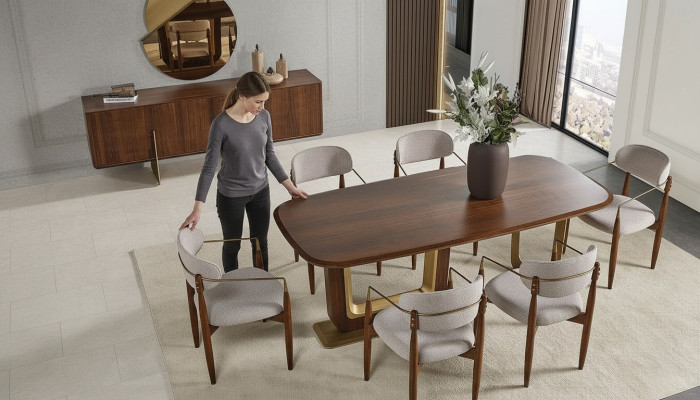 Set da sala da pranzo moderno. Include un tavolo da pranzo, 6 sedie, uno specchio e un mobiletto.
