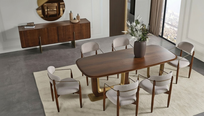 Set da sala da pranzo moderno. Include un tavolo da pranzo, 6 sedie, uno specchio e un mobiletto.