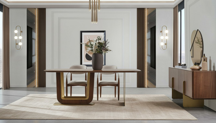 Set da pranzo moderno con tavolo da pranzo, 4 sedie e credenza con specchio, 7 pezzi.