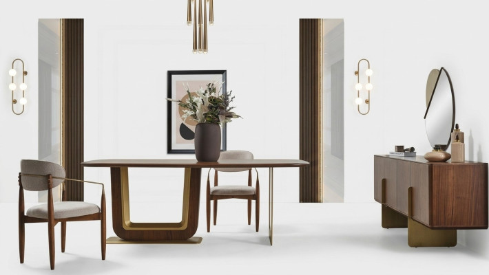 Set da pranzo moderno con tavolo da pranzo, 4 sedie e credenza con specchio, 7 pezzi.