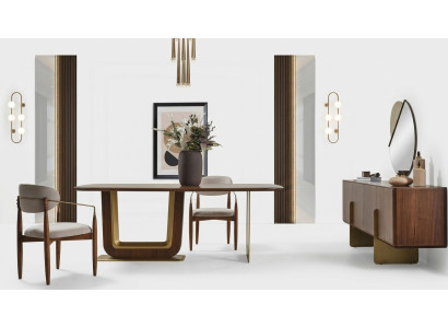 Set da pranzo moderno con tavolo da pranzo, 4 sedie e credenza con specchio, 7 pezzi.