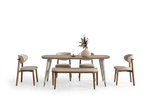 Elegante set composto da tavolo da pranzo, 4 sedie e panca beige per la sala da pranzo.