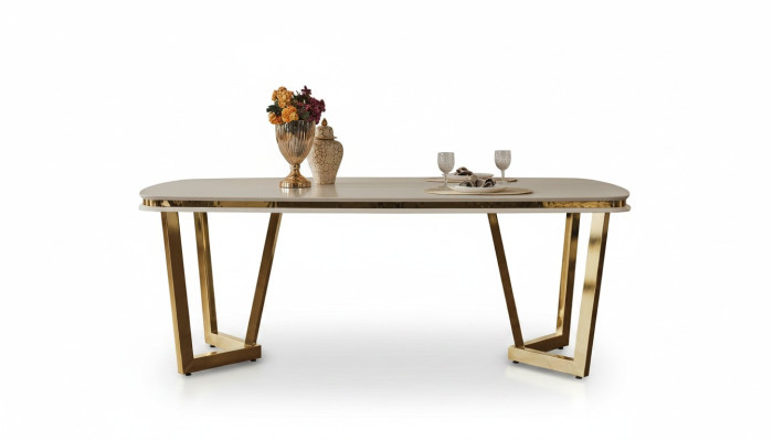 Tavolo da pranzo in legno Sala da pranzo Tavoli Stile Moderno beige Design Acciaio inossidabile  Tavolo da pranzo in legno Sala da pranzo Tavoli Stile Moderno beige Design Acciaio inossidabile