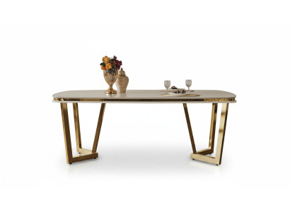 Tavolo da pranzo in legno Sala da pranzo Tavoli Stile Moderno beige Design Acciaio inossidabile  Tavolo da pranzo in legno Sala da pranzo Tavoli Stile Moderno beige Design Acciaio inossidabile