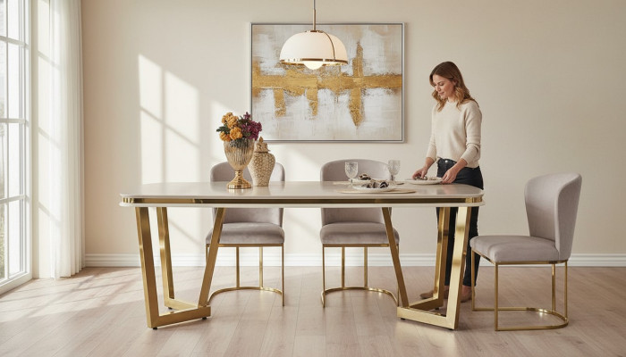 Set da pranzo moderno composto da tavolo da pranzo e 4 sedie beige, 5 pezzi.