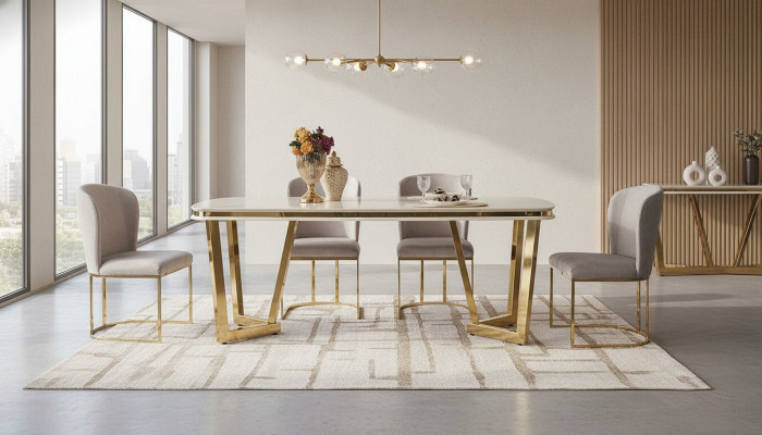 Set da pranzo moderno composto da tavolo da pranzo e 4 sedie beige, 5 pezzi.