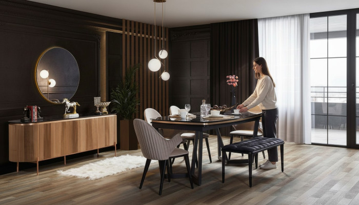 Lussuoso set da sala da pranzo composto da tavolo da pranzo, 4 sedie e credenza 7 pezzi