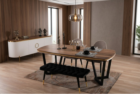 Set da pranzo composto da tavolo da pranzo + 4 sedie e panca di colore marrone, 6 pezzi.
