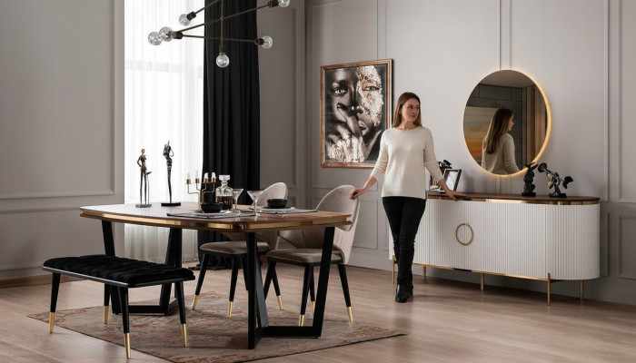 Set sala da pranzo composto da tavolo da pranzo, 4 sedie, panca, credenza, specchio, 8 pezzi.