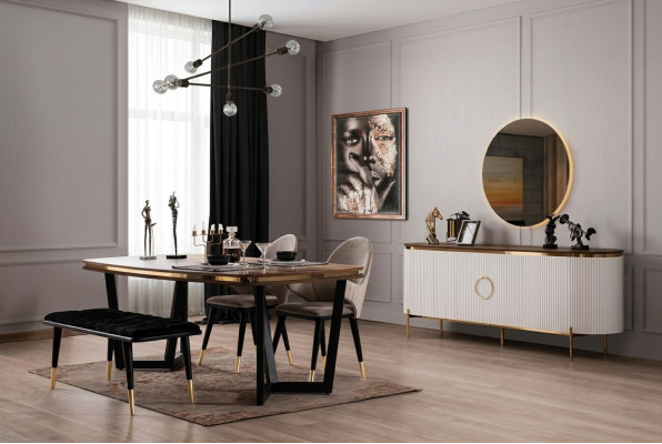 Set sala da pranzo composto da tavolo da pranzo, 4 sedie, panca, credenza, specchio, 8 pezzi.
