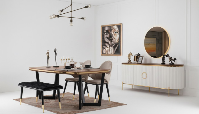 Set sala da pranzo composto da tavolo da pranzo, 4 sedie, panca, credenza, specchio, 8 pezzi.