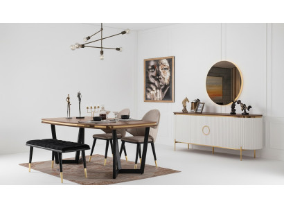 Set sala da pranzo composto da tavolo da pranzo, 4 sedie, panca, credenza, specchio, 8 pezzi.