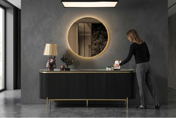 Set da pranzo moderno composto da credenza nera e specchio 2 pezzi.