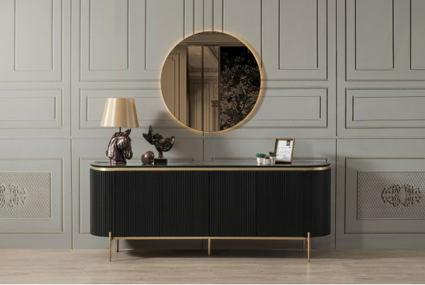 Set da pranzo moderno composto da credenza nera e specchio 2 pezzi.