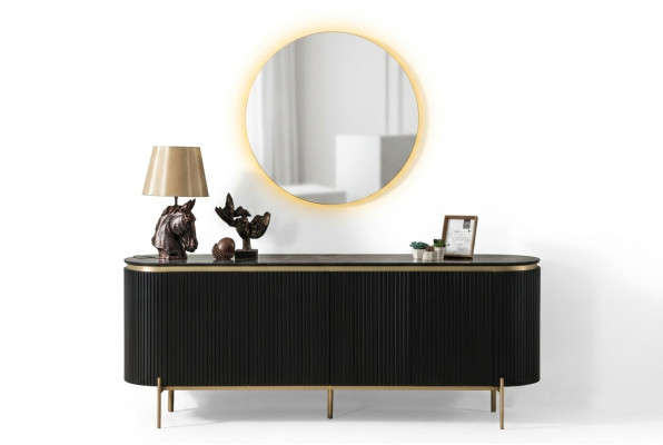 Set da pranzo moderno composto da credenza nera e specchio 2 pezzi.