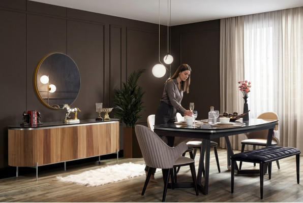 Elegante set da pranzo composto da 8 pezzi Tavolo da pranzo 4x sedie Credenza Specchio Panca nuovo