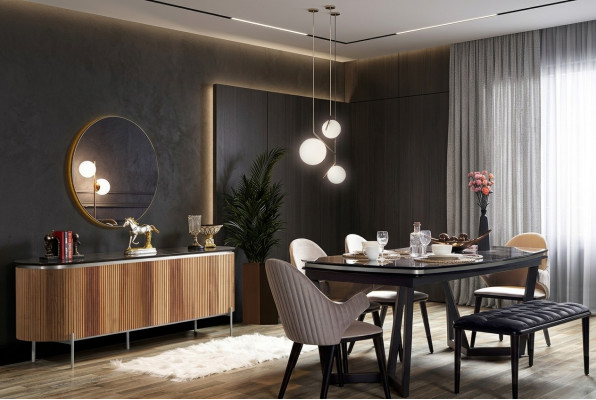 Elegante set da pranzo composto da 8 pezzi Tavolo da pranzo 4x sedie Credenza Specchio Panca nuovo