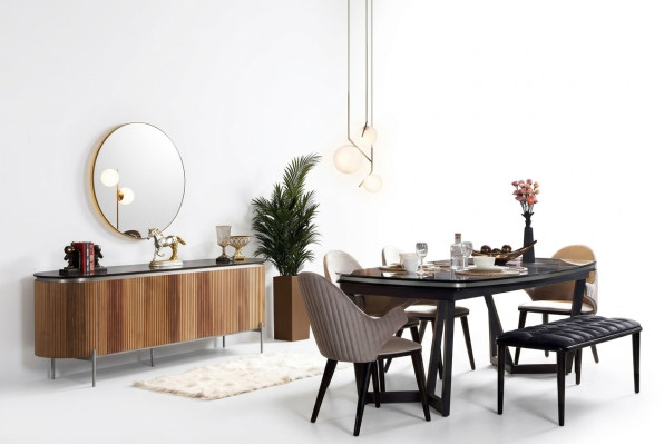 Elegante set da pranzo composto da 8 pezzi Tavolo da pranzo 4x sedie Credenza Specchio Panca nuovo