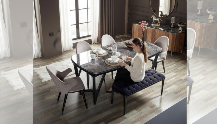 Elegante set da sala da pranzo composto da tavolo da pranzo 4 sedie e panca 6 pezzi.