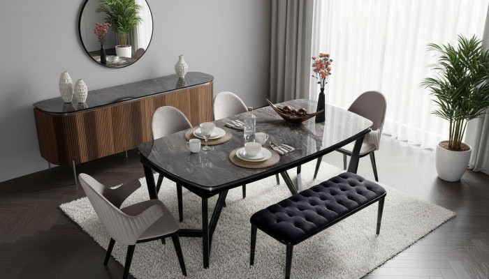 Elegante set da sala da pranzo composto da tavolo da pranzo 4 sedie e panca 6 pezzi.