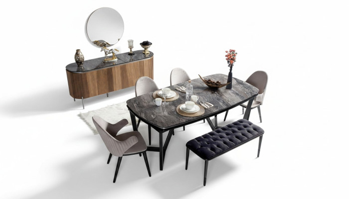 Elegante set da sala da pranzo composto da tavolo da pranzo 4 sedie e panca 6 pezzi.