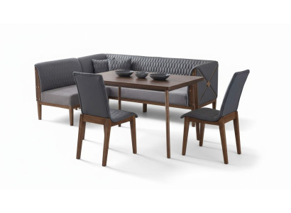 Elegante set da pranzo grigio con tavolo da pranzo marrone, 2 sedie e panca.
